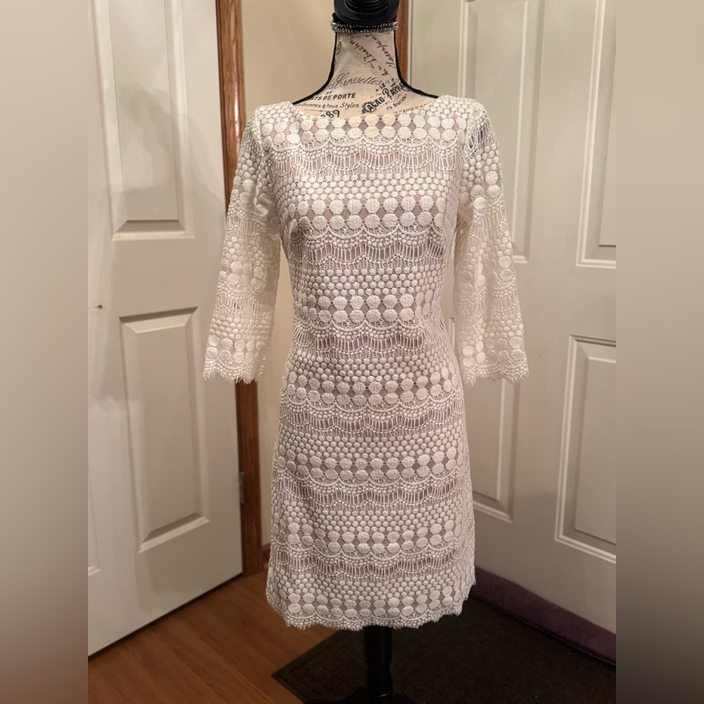 Dress Barn White Lace 3/4 Sleeve Dress